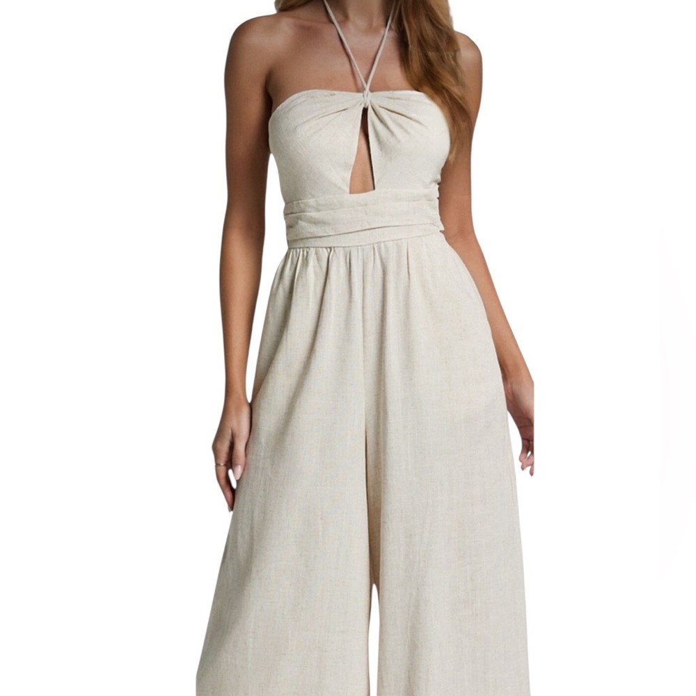 Here comes the sun oatmeal linen halter Jumpsuit size large